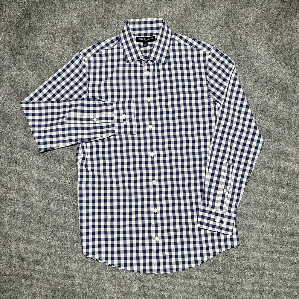 Mizzen+Main Leeward Blue Gingham Performance Dress Shirt Medium Trim Fit